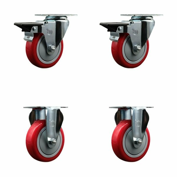 Service Caster 4'' Red Poly Wheel Swivel Top Plate Caster Set with 2 Posi Brakes 2 Rigid, 4PK SCC-20S414-PPUB-RED-PLB-2-R-2